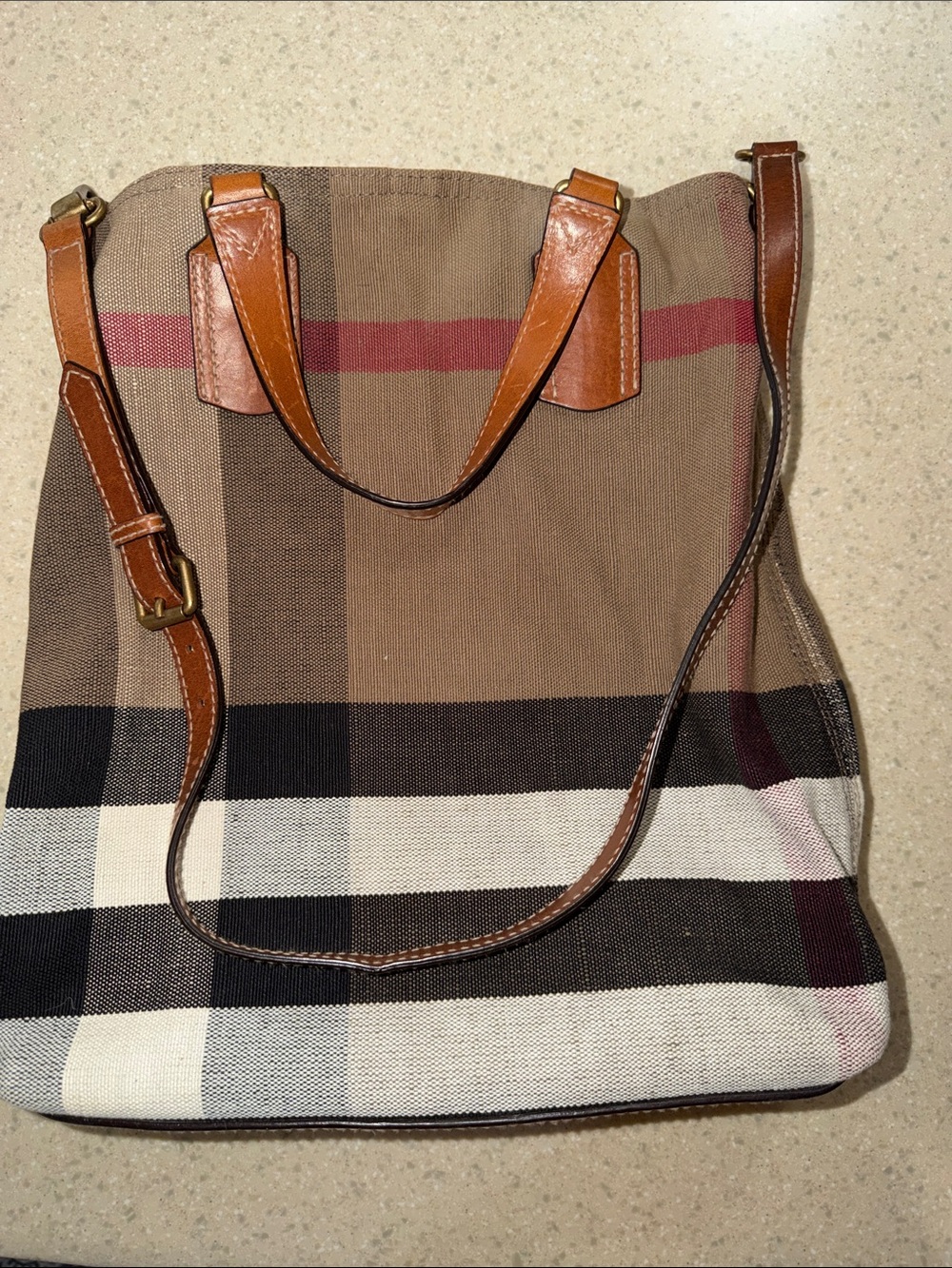 Burberry Beige Check Canvas Tote with Brown Leather Trim and Black/White Accents - Picture 7 of 12